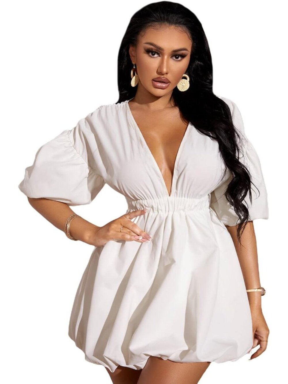 Women's Deep V Neck Puff Sleeve Flare Ruffle Summer Dress